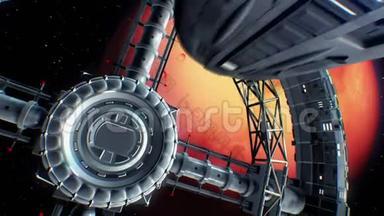 火星在背景上。 <strong>太空飞船</strong>飞进巨大的太空火炬门，引擎灯闪烁，三维动画
